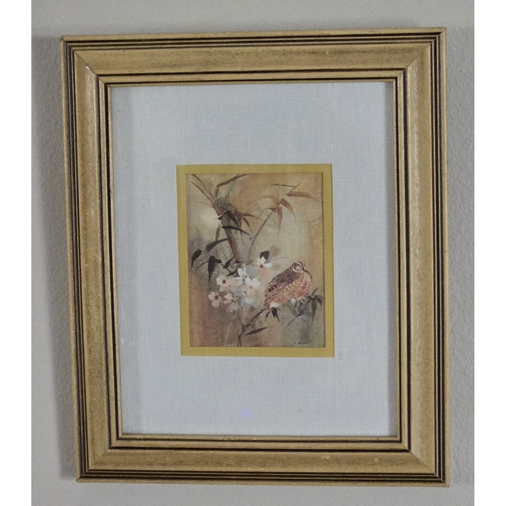L Gaydos Mid Century Asian Quail Bamboo‎ Art Framed Gold Linen Mat Wall Decor